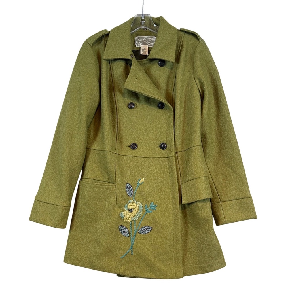 Nick & Mo Womens Moss‎ Green Wool Blend Floral Embroidered Pea Coat •M• Vintage